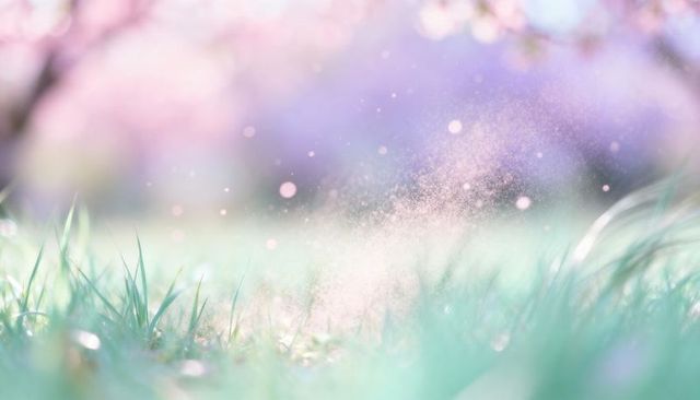 Pastel spring meadow with sunlit grass blades, floating pollen and dreamy bokeh macro