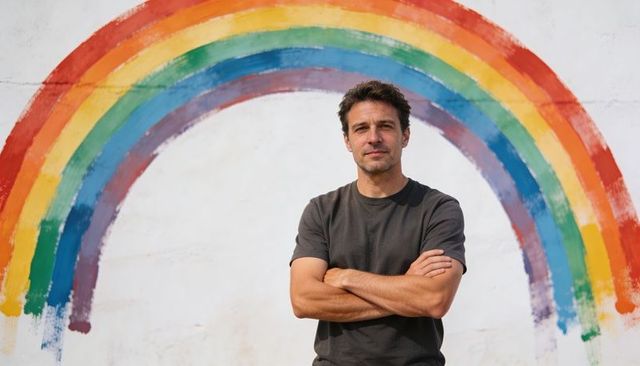Standing man crossing arms facing camera in front of rainbow mural confident urban portrait