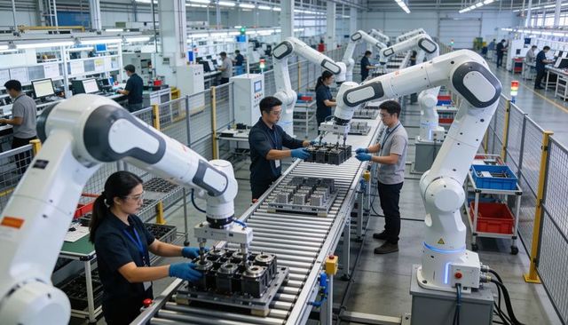 Assembly line automation with collaborative robotic arms and technicians assembling components