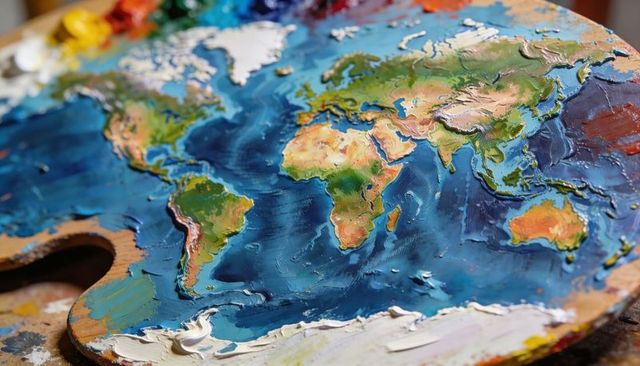 Textured world map painted on wooden palette with thick impasto oil paints and glossy seas