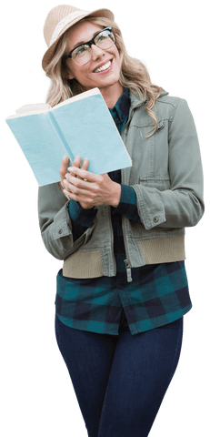 Caucasian woman reading book smiling on transparent background