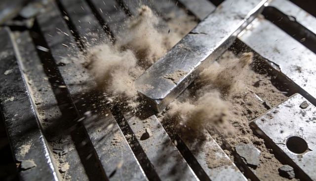 Striking steel bar hitting slotted machine bed, sending dust and metal chips in workshop