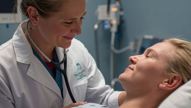 Compassionate clinician listening to patient chest with stethoscope during bedside exam