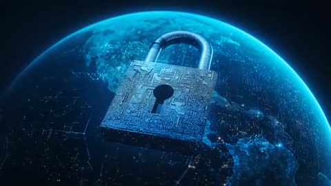 Rotating circuit-textured padlock orbiting glowing Earth symbolizing global cybersecurity