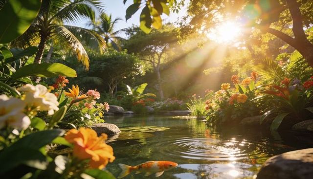 Koi fish gliding in sunlit tropical pond with lily pads, ripples and golden sunbeams