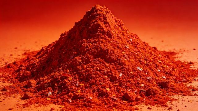 Conical pile of crushed red pepper and paprika powder with flakes and salt crystals