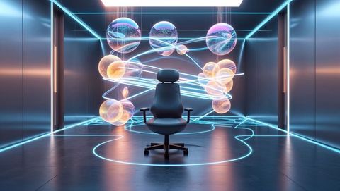 Futuristic vr lab with spinning chair and holographic spheres