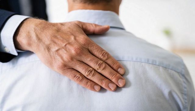 Placing reassuring hand on coworker shoulder showing leadership support and workplace trust