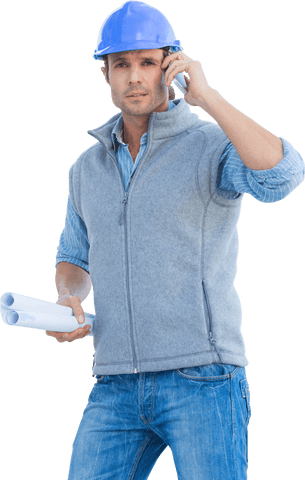 Construction Worker Communicating on Telephone with Plans on Transparent - Download Free Stock Videos Pikwizard.com
