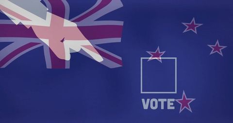 Pointing Hand Over New Zealand Flag Encouraging Voter Participation and Ballot Choice