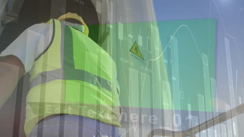 Caucasian Worker and Wind Turbine with Financial Data Overlay