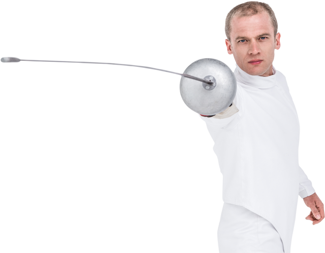 Fencer in White Uniform Posing with Rapier on Transparent Background - Download Free Stock Videos Pikwizard.com