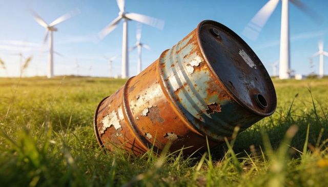 Rusting metal drum lying in wind farm with wind turbines at golden hour