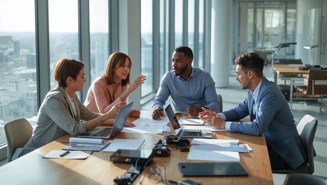 Business team collaborating and planning around conference table in modern office