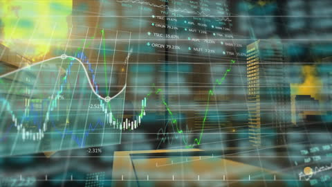 Animated Financial Data Multilayered Over Skyscrapers in Urban Scene