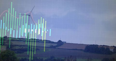 Wind turbine and data visuals on sustainable landscape