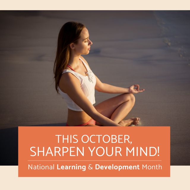 Image of this octobe sharpen your mind over relaxed caucasian woman practicing yoga. Sport, national learning and development month concept.