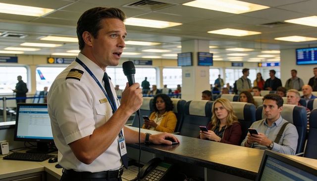 Airline pilot making boarding announcement at busy airport gate with passengers