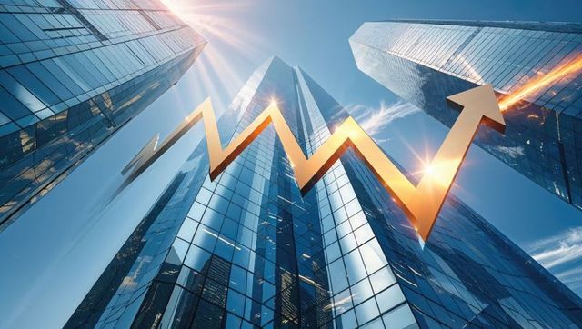 Rising finance concept with golden arrow among modern skyscrapers