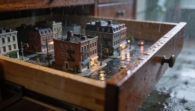 Miniature urban diorama glistening in wooden drawer during rain with wet reflections