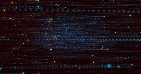 Streaming data network with cyan clusters and gold nodes, neon digital connectivity