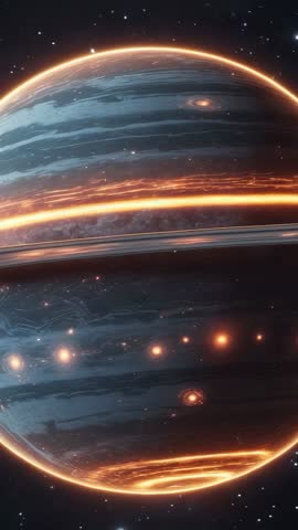 Vertical cinematic video showing glowing gas giant rotating with luminous rings and storm
