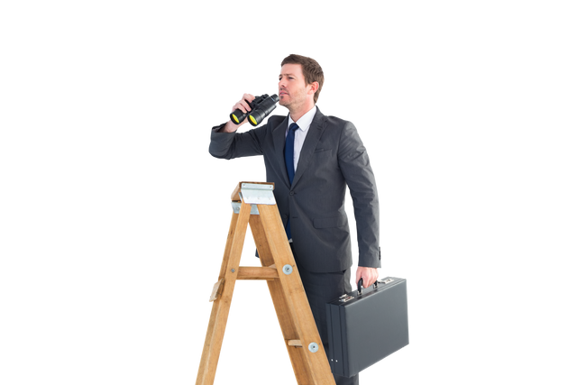 Transparent Image of Businessman Standing on Ladder with Briefcase and Binoculars - Download Free Stock Videos Pikwizard.com