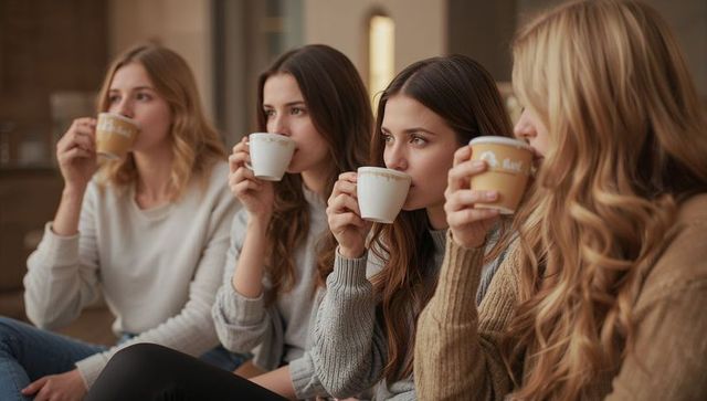 Four friends sipping coffee in cozy cafe wearing knit sweaters, relaxed autumn lounge