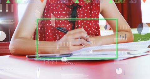 Girl writing embracing digital-enhanced learning interface