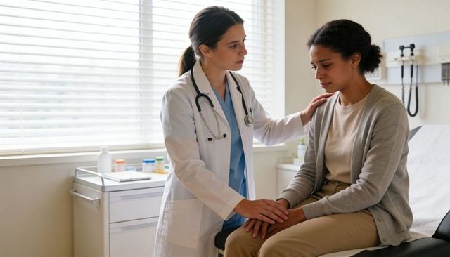 Female doctor comforting distressed patient on exam table showing empathy and care