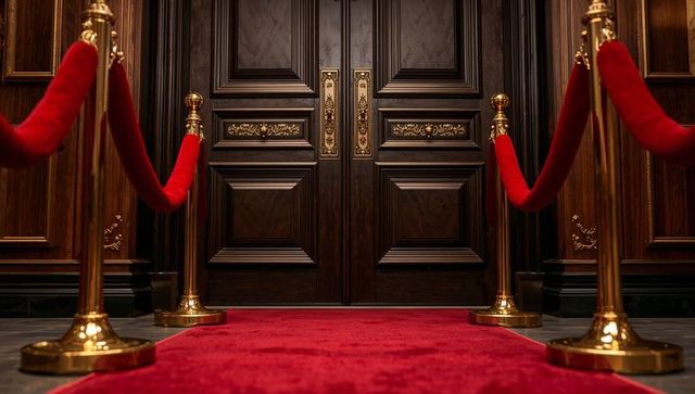 Opulent red carpet entrance with ornate double wood doors, gilded accents and velvet ropes