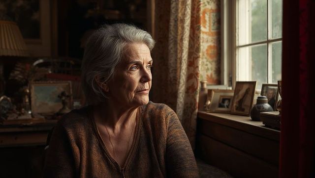 Senior Woman Gazing Out Window Contemplative Retirement Scene
