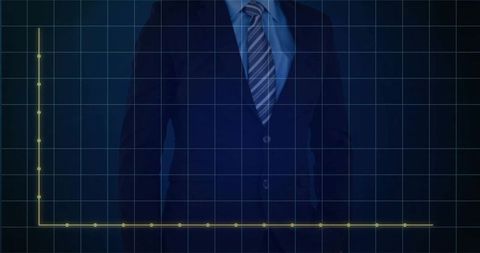 Standing Executive in Dark Suit Behind Neon Data Grid with Glowing Finance Axes