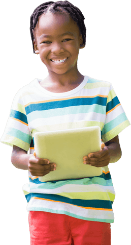 Smiling Boy Holding Tablet with Horizontal Striped Shirt in Transparent Background - Download Free Stock Videos Pikwizard.com