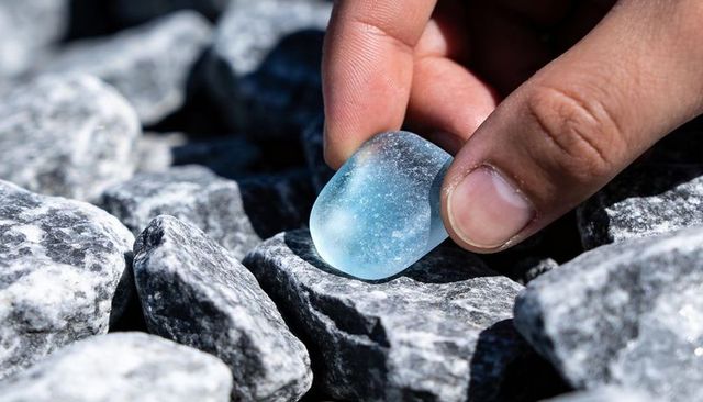 Hand holding frosted aqua-blue sea glass on gray stones sunlit closeup with bubbles