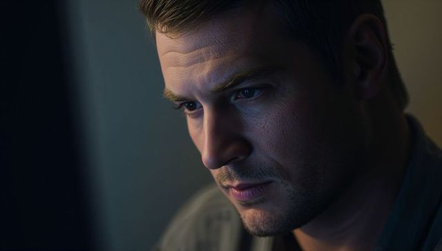 Focusing Adult Man Working Late on Laptop with Moody Cool-Warm Lighting, Intense Portrait