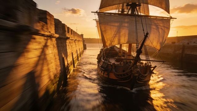 Sailing wooden tall ship cutting through narrow harbor channel at golden sunset