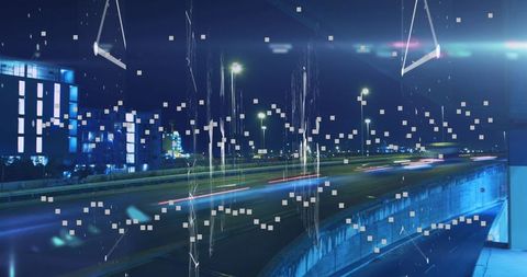Futuristic City Highway with Digital Light Trails and Glitch Effects