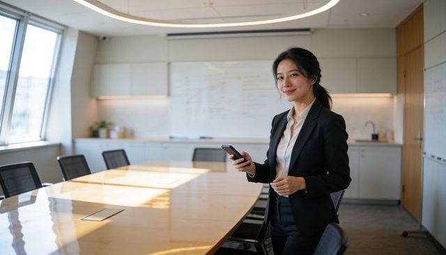 Asian businesswoman holding smartphone in modern boardroom, confident corporate leader