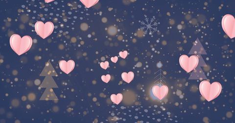 pink floating hearts gently hover over a digitally rendered winter scene featuring christmas trees on a dark blue background filled with twinkling lights. this festive and romantic design is ideal for seasonal greeting cards, relationship celebrations, or as a decorative background for social media posts and festive promotions.