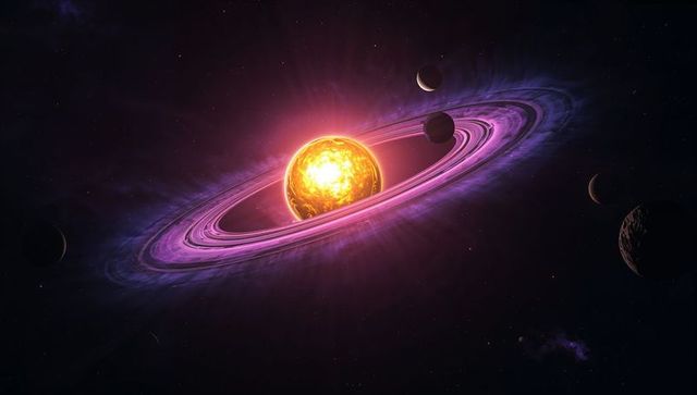 Glowing yellow-orange star emitting light through vibrant purple-pink rings, orbiting moons