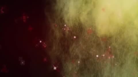 Glowing Red Shapes and Yellow-Green Particle Cloud in Dark Space