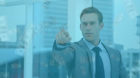 Confident Businessman with Floating Dollar Bills in Modern Office