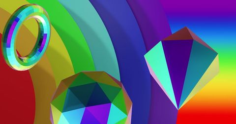 Vibrant 3D Geometric Shapes on Rainbow Background