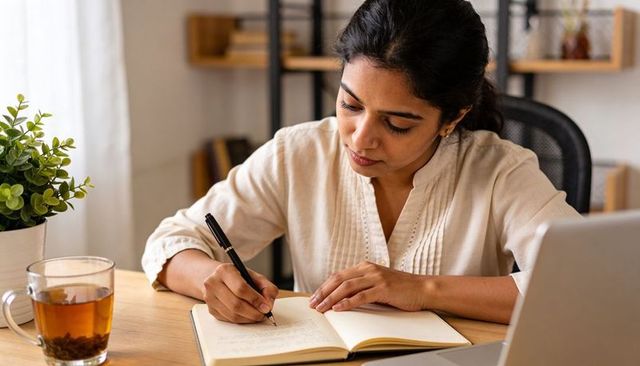 South asian woman writing journal at home workspace with laptop, tea and green plant