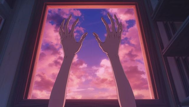 Reaching hands toward pink purple sunset sky through square wood-framed window