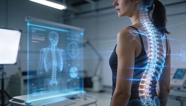 Woman wearing black tank top examining holographic spine in futuristic medical research lab