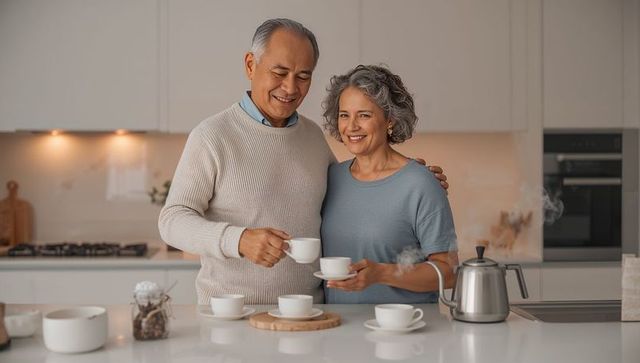 Senior couple sharing morning tea at modern kitchen island, smiling, cozy lifestyle
