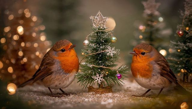 Two robins flanking miniature sparkling christmas tree on snowy tabletop, warm bokeh lights