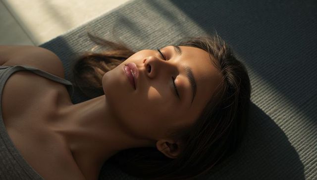 Sunlit serene woman resting on yoga mat relaxing in minimalist wellness portrait